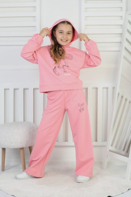 İki İplik Kapüşonlu Baskılı Kız Çocuk Pembe İkili Takım