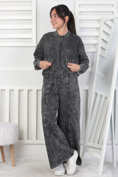 İki İplik Yıkamalı Kolej Yaka Siyah Kız Çocuk İkili Takım