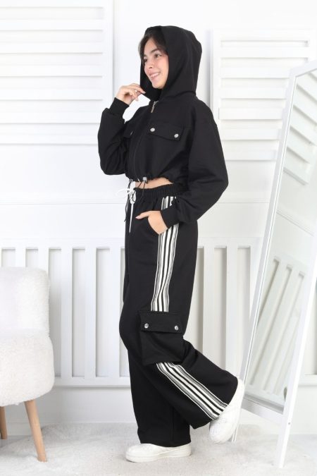 İki İplik Kargo Cepli Croplu Siyah Kız Çocuk Takım