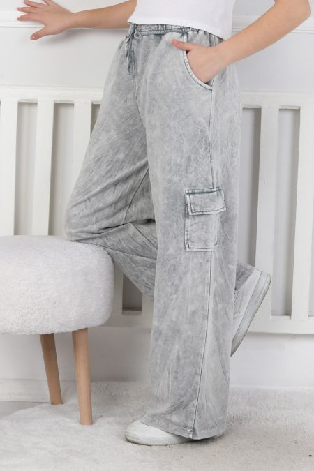 İki İplik Yıkamalı Kargo Çepli Kız Çocuk Gri Eşofman Altı