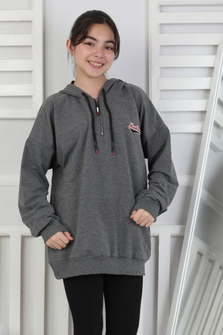 Baskılı Fermuarlı Kapüşonlu Antrasit Kız Çocuk Sweatshirt