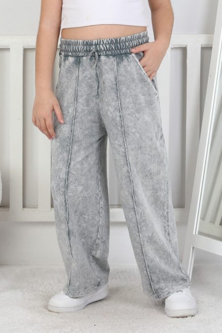 İki İplik Önü Çizgi Detaylı Yıkamalı Kız Çocuk Gri Eşofman Altı