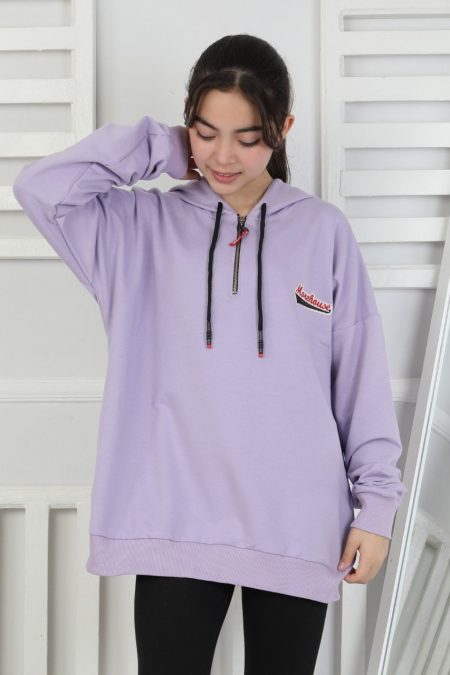 Baskılı Fermuarlı Kapüşonlu Lila Kız Çocuk Sweatshirt