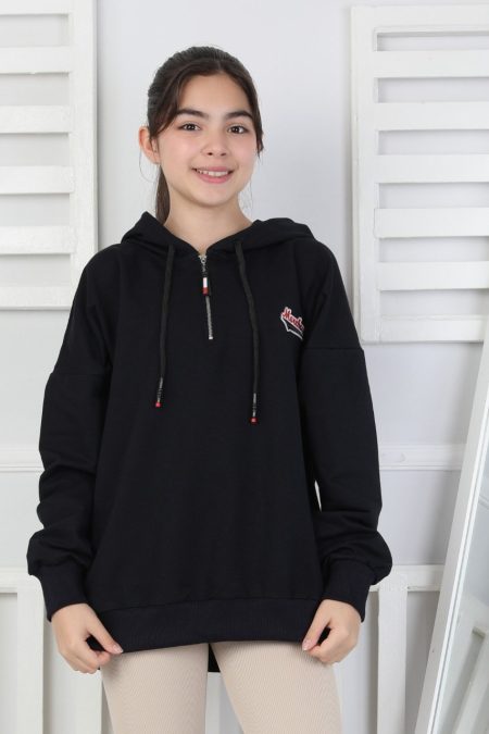 Baskılı Fermuarlı Kapüşonlu Siyah Kız Çocuk Sweatshirt