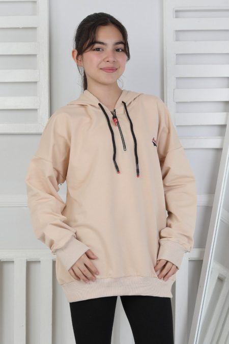 Baskılı Fermuarlı Kapüşonlu Bej Kız Çocuk Sweatshirt