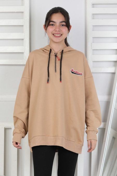 Baskılı Fermuarlı Kapüşonlu Vizon Kız Çocuk Sweatshirt