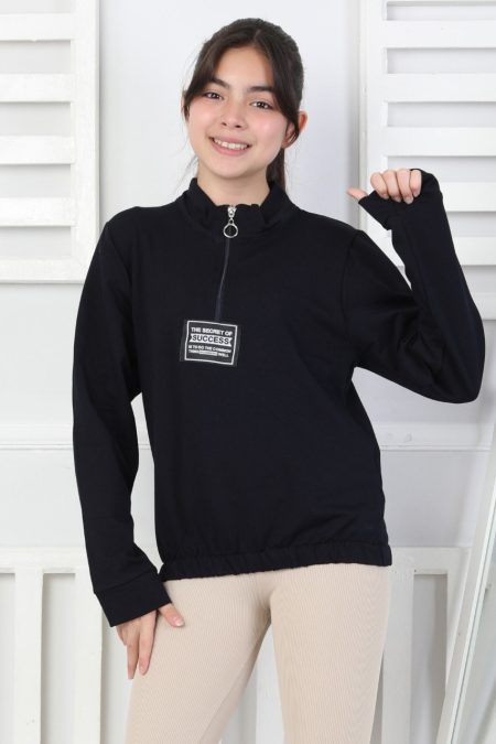 Baskılı Yarım Fermuarlı Lacivert Kız Çocuk Sweatshirt