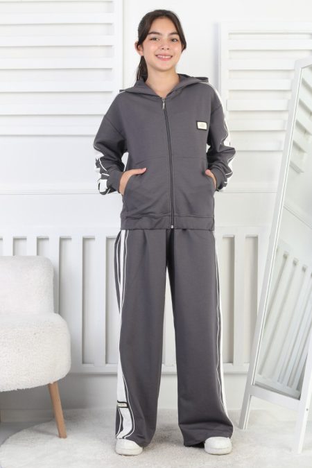 İki İplik Çizgili Kapşonlu Fermuarlı Gri Kız Çocuk İkili Takım