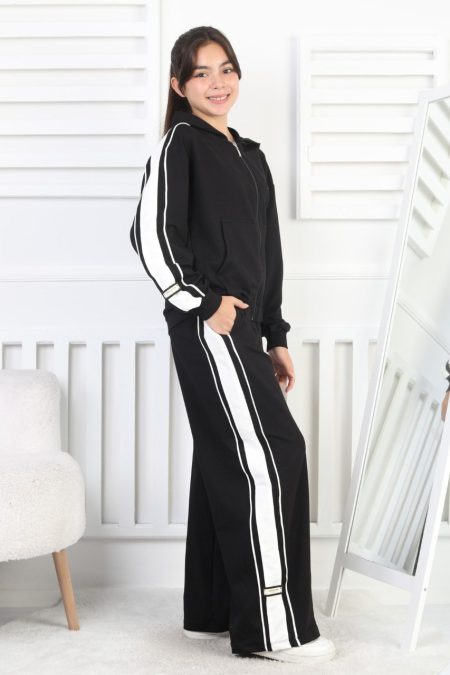 İki İplik Çizgili Kapşonlu Fermuarlı Siyah Kız Çocuk İkili Takım