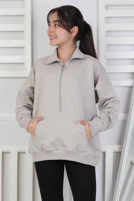Yarım Fermuarlı Kapüşonlu Gri Kız Çocuk Sweatshirt