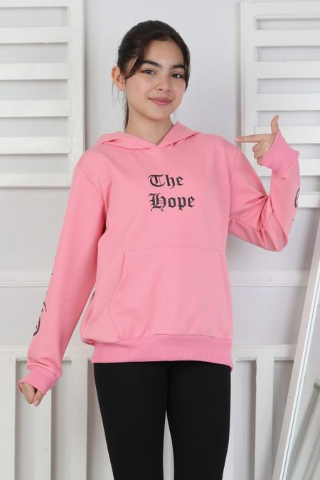 Baskılı Kapüşonlu Pembe Kız Çocuk Sweatshirt