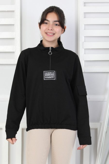 Baskılı Yarım Fermuarlı Siyah Kız Çocuk Sweatshirt