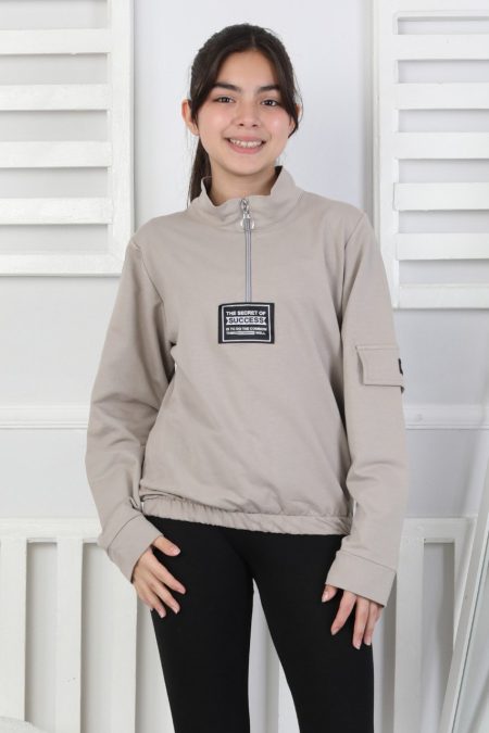 Baskılı Yarım Fermuarlı Gri Kız Çocuk Sweatshirt