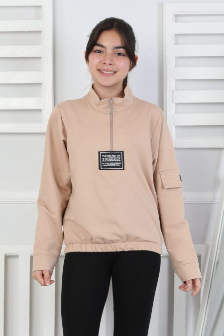 Baskılı Yarım Fermuarlı Bej Kız Çocuk Sweatshirt
