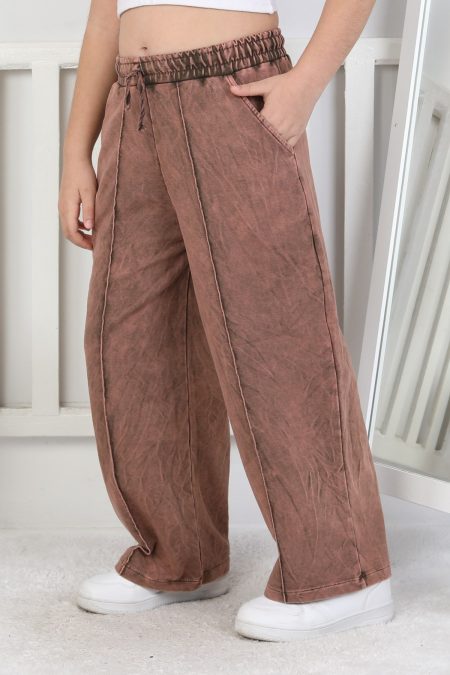 İki İplik Önü Çizgi Detaylı Yıkamalı Kahverengi Kız Çocuk Eşofman Altı