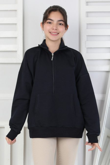 Yarım Fermuarlı Kapüşonlu Lacivert Kız Çocuk Sweatshirt