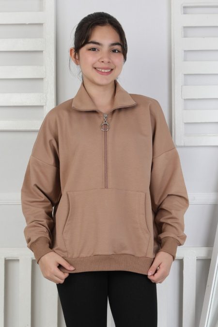Yarım Fermuarlı Kapüşonlu Kahverengi Kız Çocuk Sweatshirt