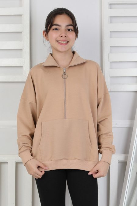 Yarım Fermuarlı Kapüşonlu Bej Kız Çocuk Sweatshirt