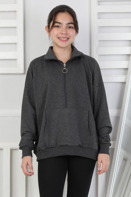Yarım Fermuarlı Kapüşonlu Antrasit Kız Çocuk Sweatshirt