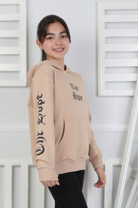 Baskılı Kapüşonlu Bej Kız Çocuk Sweatshirt