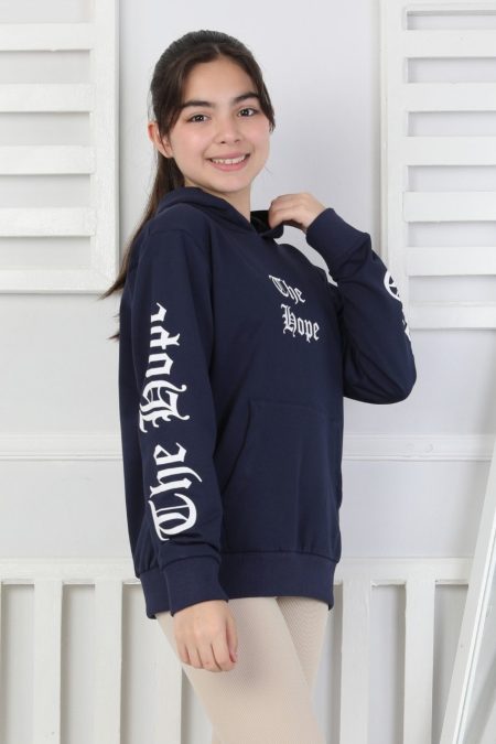 Baskılı Kapüşonlu Lacivert Kız Çocuk Sweatshirt