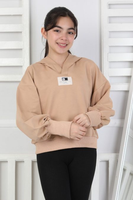 Baskılı Kapüşonlu Bej Kız Çocuk Sweatshirt