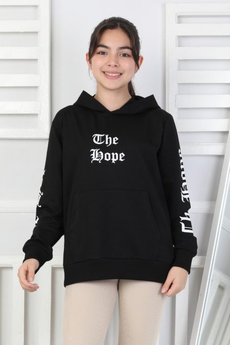Baskılı Kapüşonlu Siyah Kız Çocuk Sweatshirt