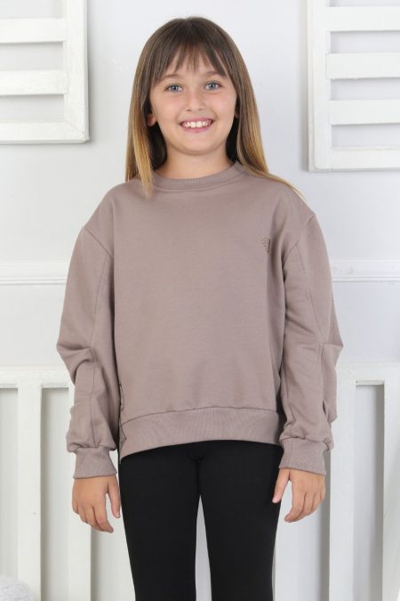 Baskılı Yanı Yırtmaçlı Kahverengi Kız Çocuk Sweatshirt