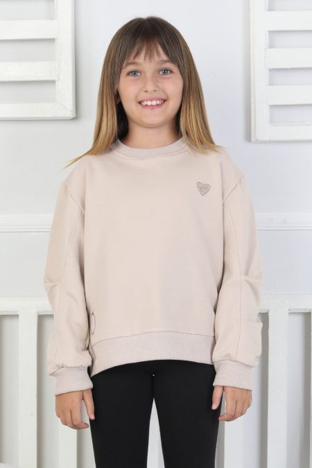 Baskılı Yanı Yırtmaçlı Bej Kız Çocuk Sweatshirt