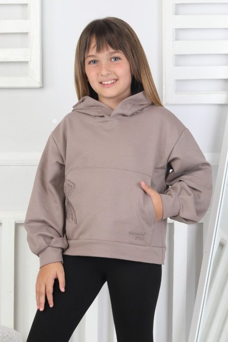 Kapüşonlu Baskılı Kız Çocuk Kahverengi Sweatshirt