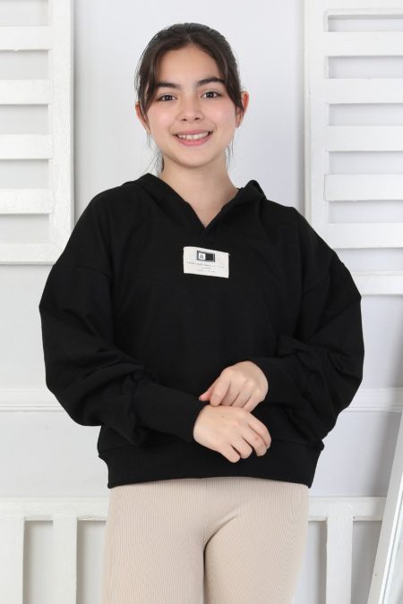 Baskılı Kapüşonlu Siyah Kız Çocuk Sweatshirt