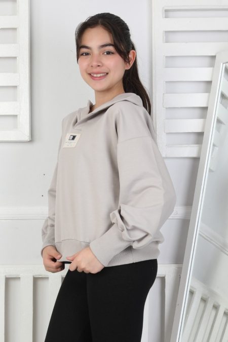 Baskılı Kapüşonlu Gri Kız Çocuk Sweatshirt