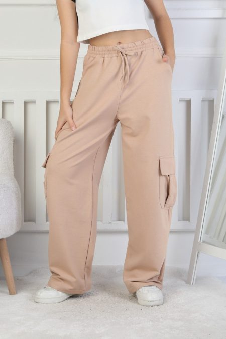 İki İplik Kargo Cepli Bej Kız Çocuk Eşofman Altı