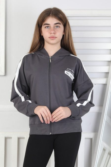 Kapüşonlu Fermuarlı Baskılı Antrasit Kız Çocuk Sweatshirt