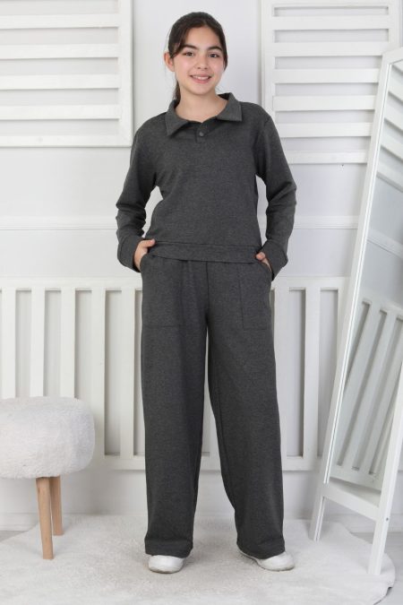 Yakalı Cepli Bol Paça Antrasit Kız Çocuk İkili Takım