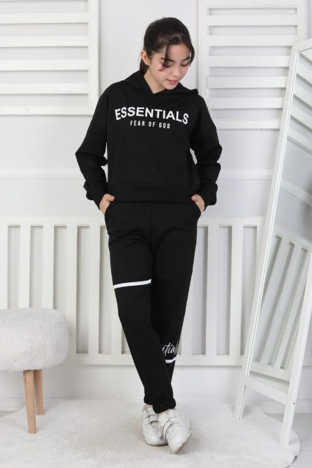 İki İplik Kapüşonlu Baskılı Siyah Kız Çocuk İkili Takım
