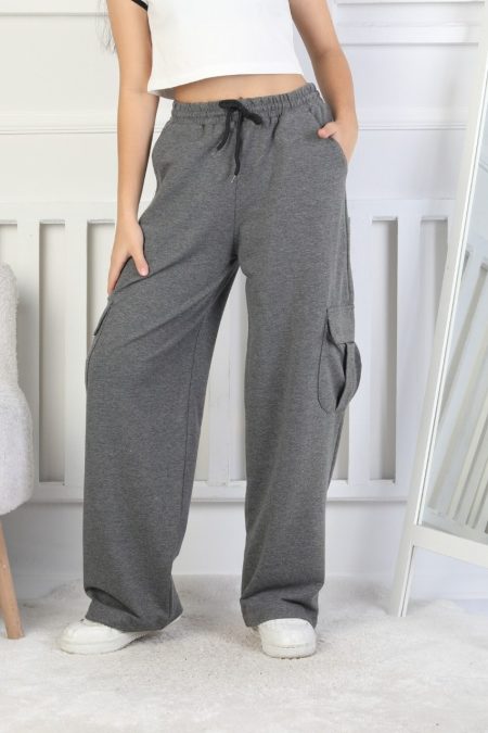 İki İplik Kargo Çepli Kız Çocuk Füme Eşofman Altı