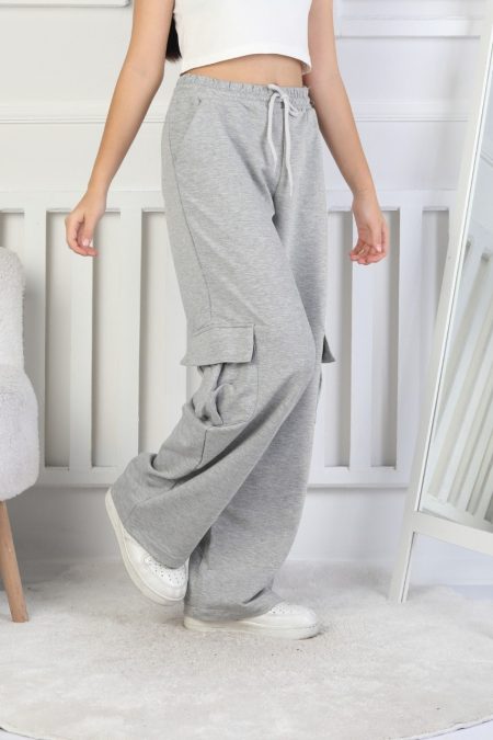 İki İplik Kargo Çepli Kız Çocuk Gri Eşofman Altı