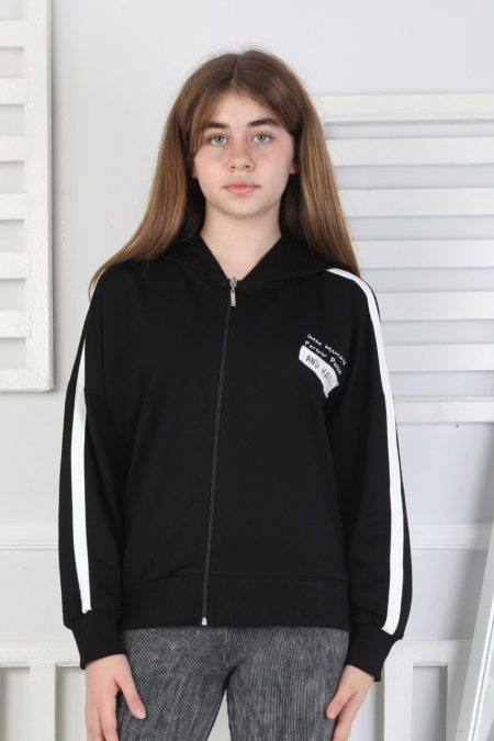 Kapüşonlu Fermuarlı Baskılı Kız Çocuk Siyah Sweatshirt