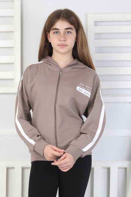 Kapüşonlu Fermuarlı Baskılı Kız Çocuk Kahverengi Sweatshirt
