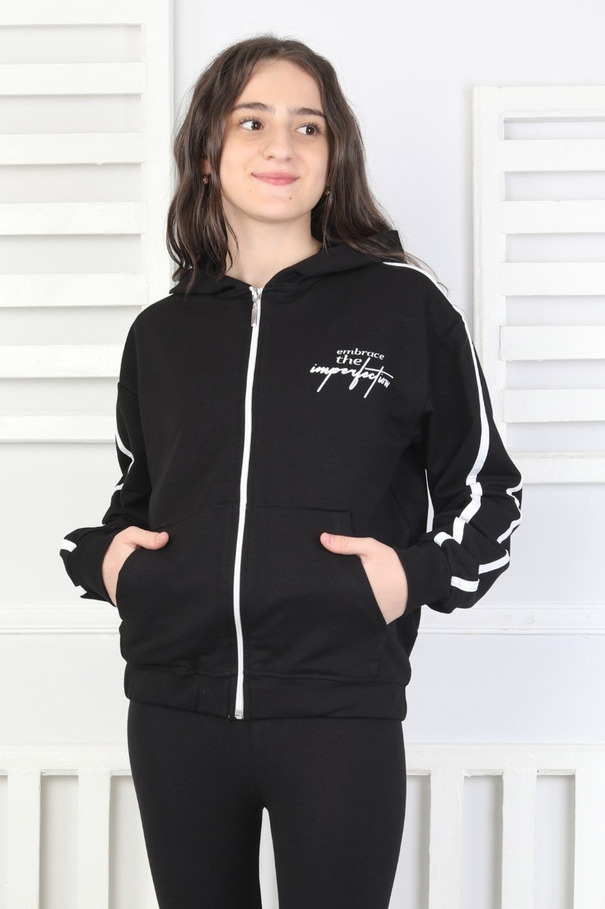 Kapüşonlu Fermuarlı Baskılı Kız Çocuk Siyah Sweatshirt 1 Kapüşonlu Fermuarlı Baskılı Kız Çocuk Siyah Sweatshirt