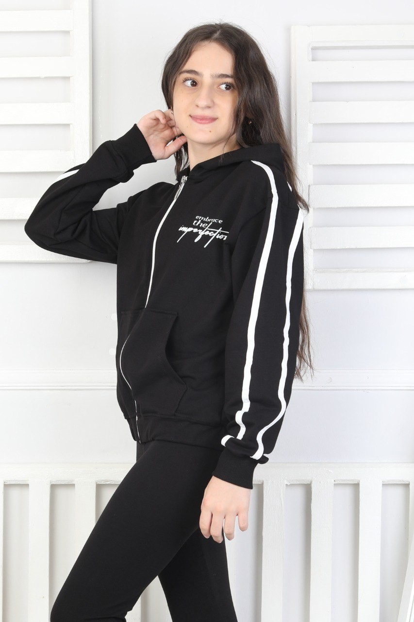 Kapüşonlu Fermuarlı Baskılı Kız Çocuk Siyah Sweatshirt 3 Kapüşonlu Fermuarlı Baskılı Kız Çocuk Siyah Sweatshirt - Görsel 3