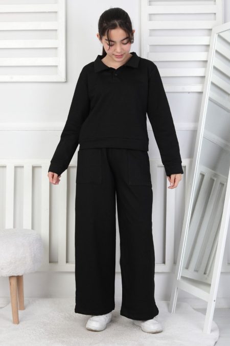 Yakalı Cepli Bol Paça Kız Çocuk Siyah İkili Takım