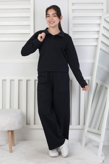 Yakalı Cepli Bol Paça Kız Çocuk Lacivert İkili Takım