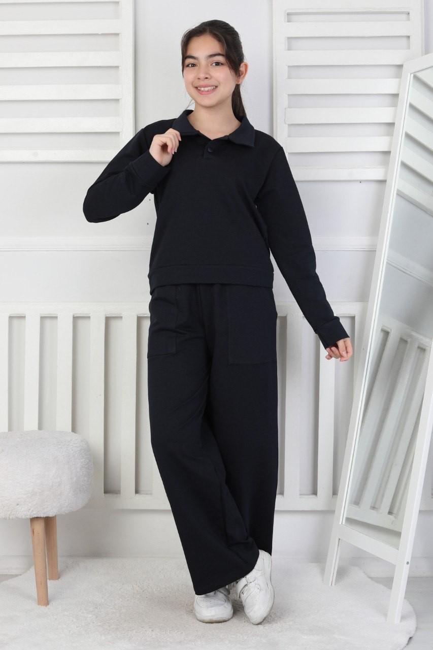 Yakalı Cepli Bol Paça Kız Çocuk Lacivert İkili Takım 1 Yakalı Cepli Bol Paça Kız Çocuk Lacivert İkili Takım