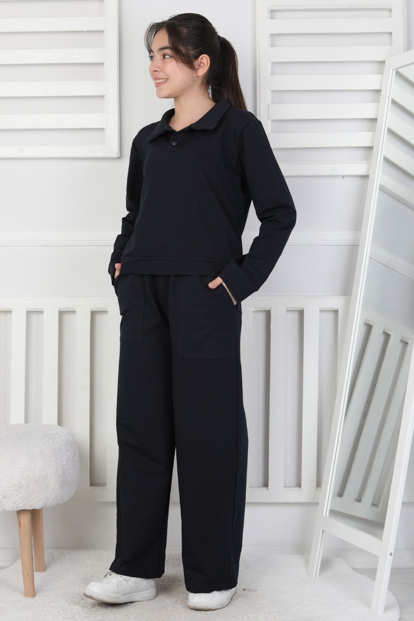 Yakalı Cepli Bol Paça Kız Çocuk Lacivert İkili Takım 3 Yakalı Cepli Bol Paça Kız Çocuk Lacivert İkili Takım - Görsel 3