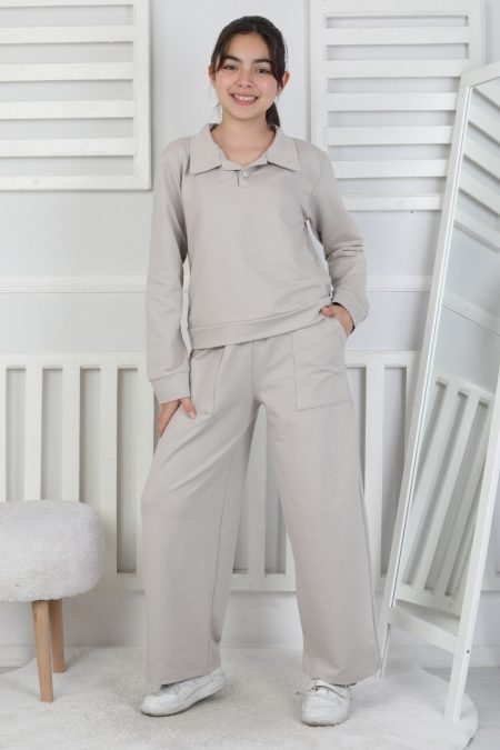 Yakalı Cepli Bol Paça Kız Çocuk Gri İkili Takım