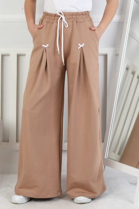 Bol Paça Cepli Baskılı Kız Çocuk Kahverengi Eşofman Altı