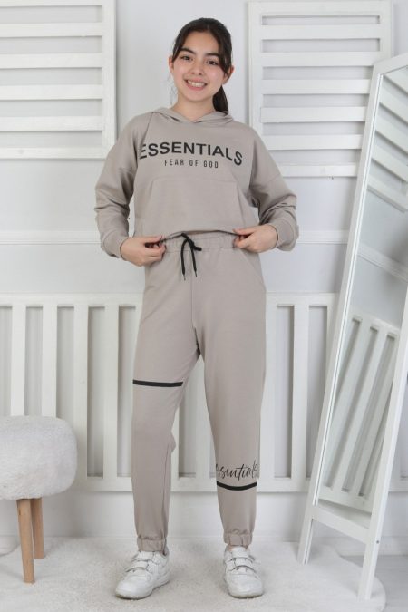 İki İplik Kapüşonlu Baskılı Kız Çocuk Gri İkili Takım