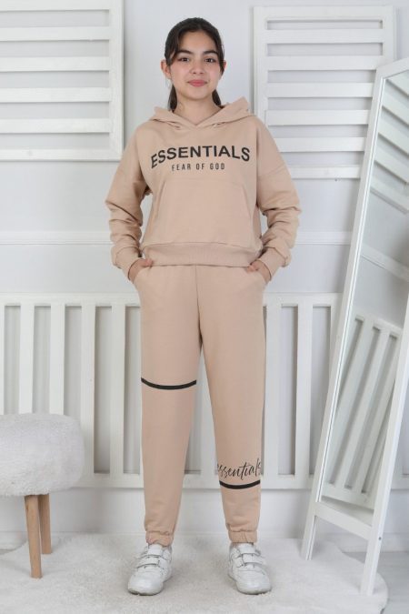 İki İplik Kapüşonlu Baskılı Kız Çocuk Bej İkili Takım